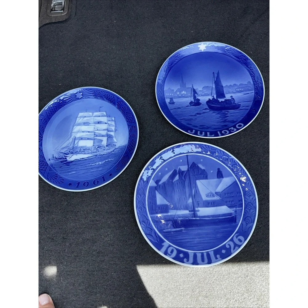 3 Royal Denmark Ship Plates Blue and White